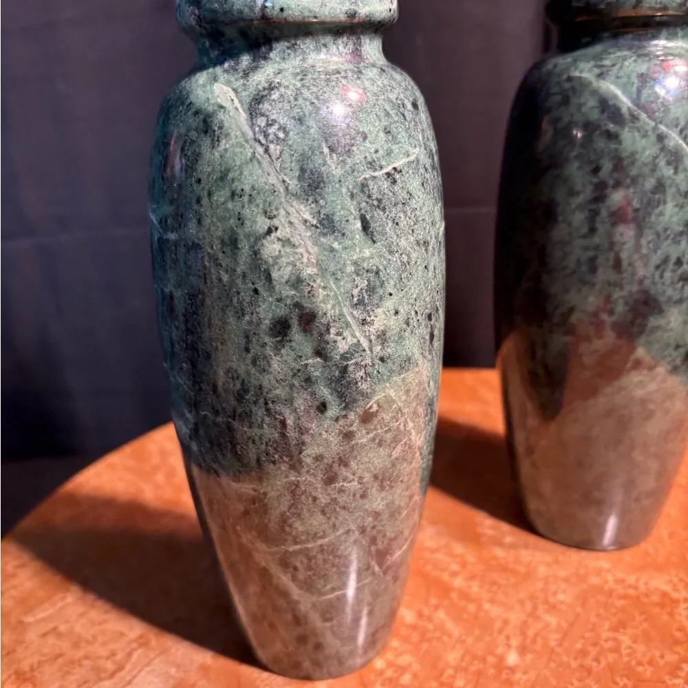 Pair vintage Taiwan green polished marble vases. 7 inches tall